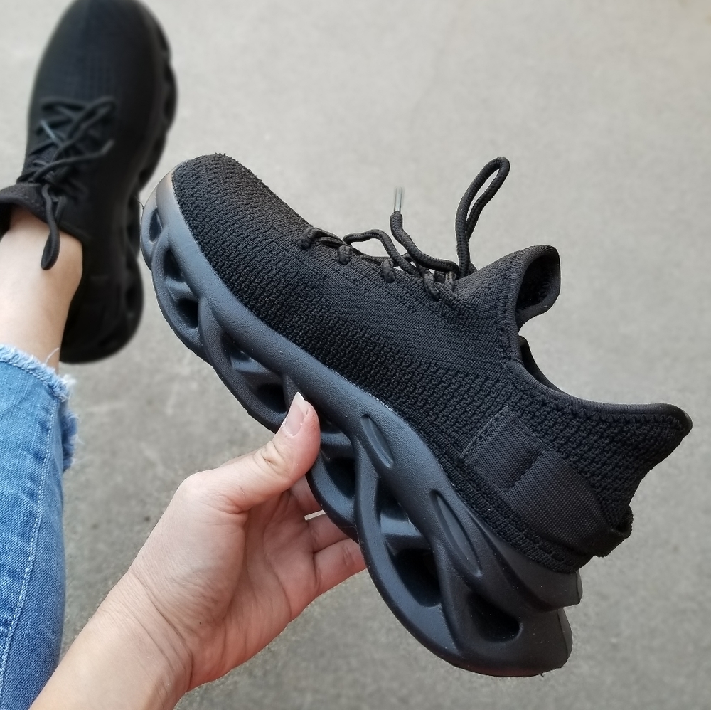 New Black Knit Woven Sole Lace Up Sneakers